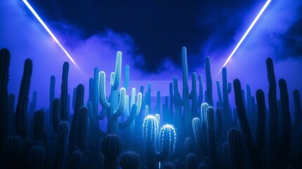 Neon cactus garden in smoke. Fantastic wallpaper with glowing cacti plants in smoke and blue light