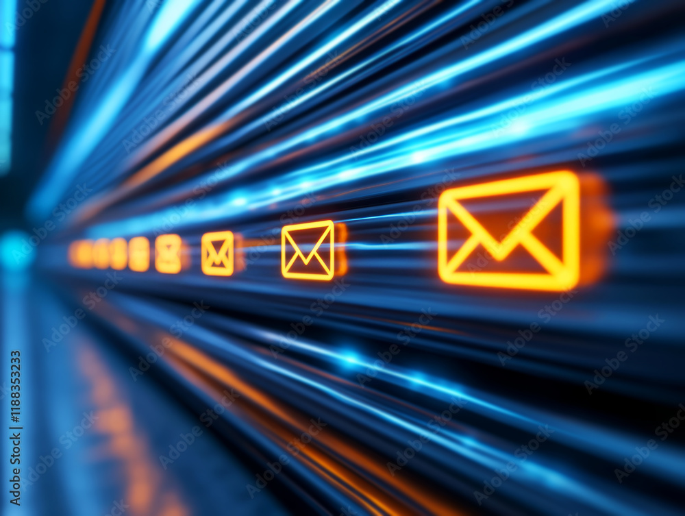 Poster glowing email icons on a futuristic background representing communication and connection