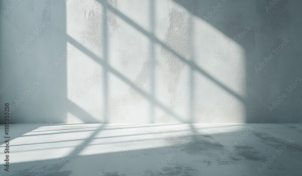 Poster sunlit empty room with textured walls and floor, showing window shadows.
