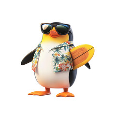 Obraz premium Cool Penguin Surfer Dude with Tropical Shirt and Surfboard