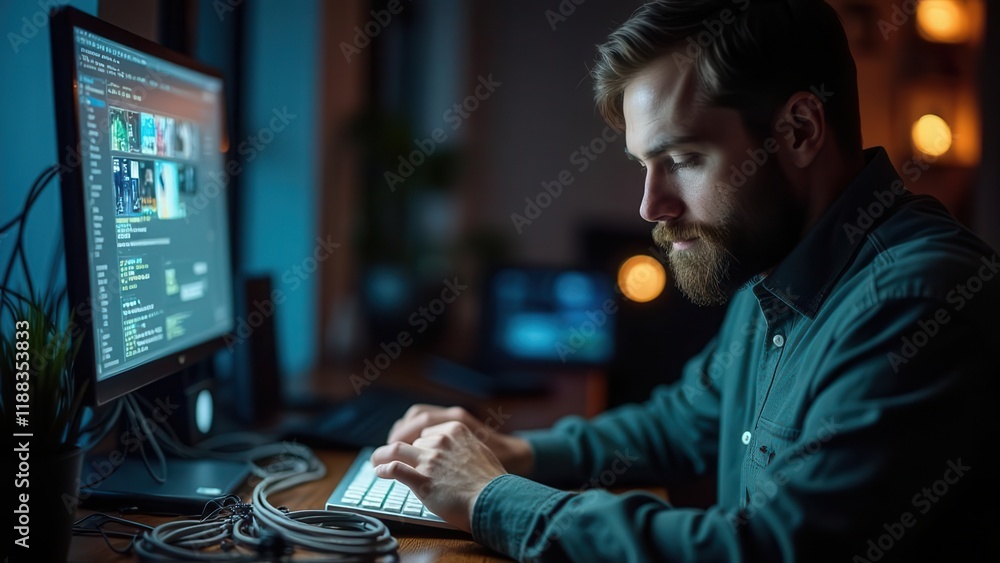 Poster focused man coding late at night.
