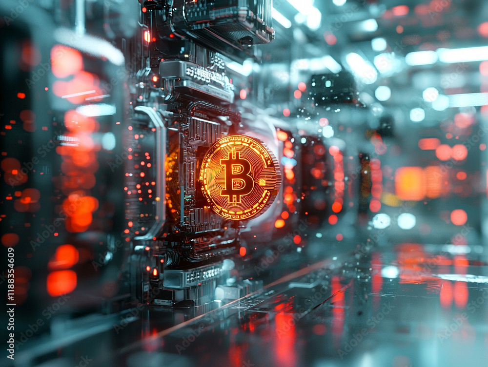 Poster ai generate bitcoin as a glowing token in cyberspace a vibrant reflection of modern technology and f