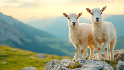 Obraz premium Adorable Young Sheep Standing Together on a Rocky Outcrop in a Scenic Mountain Landscape
