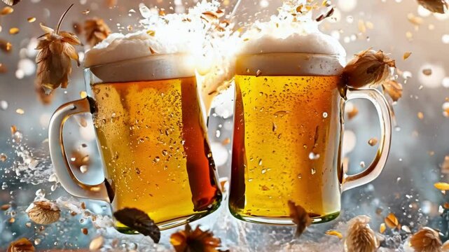 Two frothy beer mugs overflowing with foam and surrounded by green hop cones and leaves on a beige background. AI