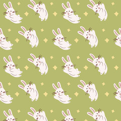 Whimsical Cute Easter Hand Drawn illustration with bunnies, eggs, carrots, and flowers. Spring, pastel color, editable vector, cute patterns, pink, green