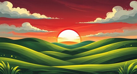 Crimson sun setting over rolling green hills abstract illustration