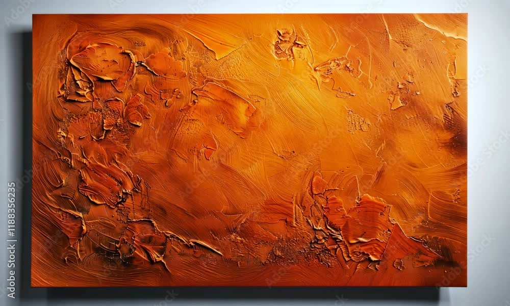 Poster close-up of textured, orange abstract painting with dynamic strokes and depth