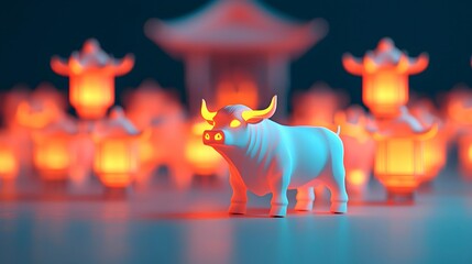 Illuminated Bull with Lanterns in Background