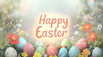 A soft pastel background with a glowing "Happy Easter" message surrounded by Easter eggs and colorful flowers.