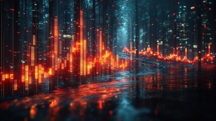 Naklejka premium A vibrant digital landscape showcasing sound wave visuals amidst a futuristic forest setting.