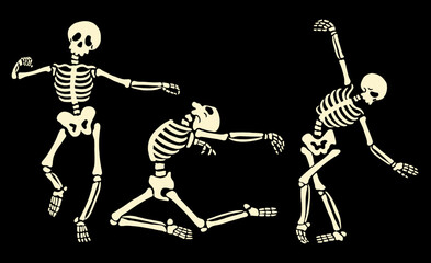 Human skeleton poses in a ballet dance. Human skeleton posing. Spooky Illustration for Halloween. Black Background. flat style design vector illustration for prints on t-shirts and more.