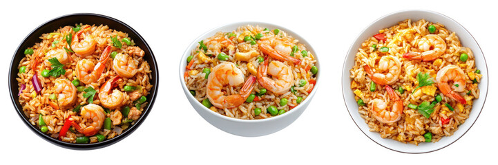 Delicious shrimp fried rice served in three different bowls, showcasing vibrant colors and fresh ingredients