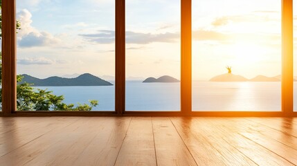 Holistic wellbeing concept. Scenic view of a sunset over the ocean through large windows with wooden floor.