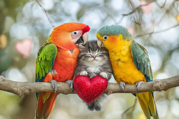 Obraz premium A pair of parrots and a kitten sitting together on a Valentine-decorated perch, postcard design with empty space for greeting. Valentine concept, veterinary