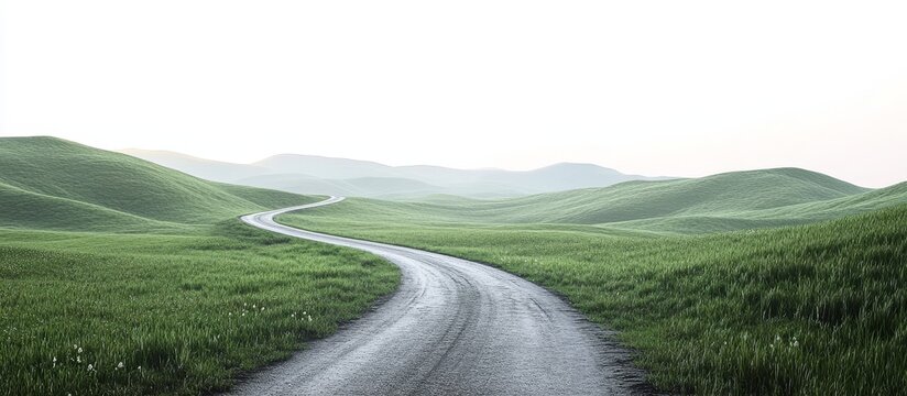 Winding dirt road through grassy hills.