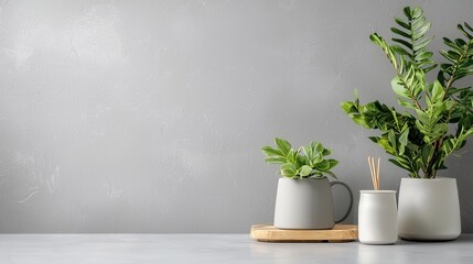 Soft Pastel Grey Wallpaper with Clean Indoor Greenery and Decor