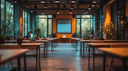 A modern conference room with tables, plants, and large windows, designed for meetings or presentations.