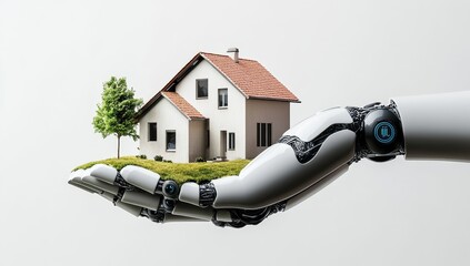 Robotic hand gently holding a miniature house and tree on a patch of grass.