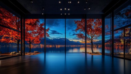 Modern room with panoramic autumn lake view at sunrise.