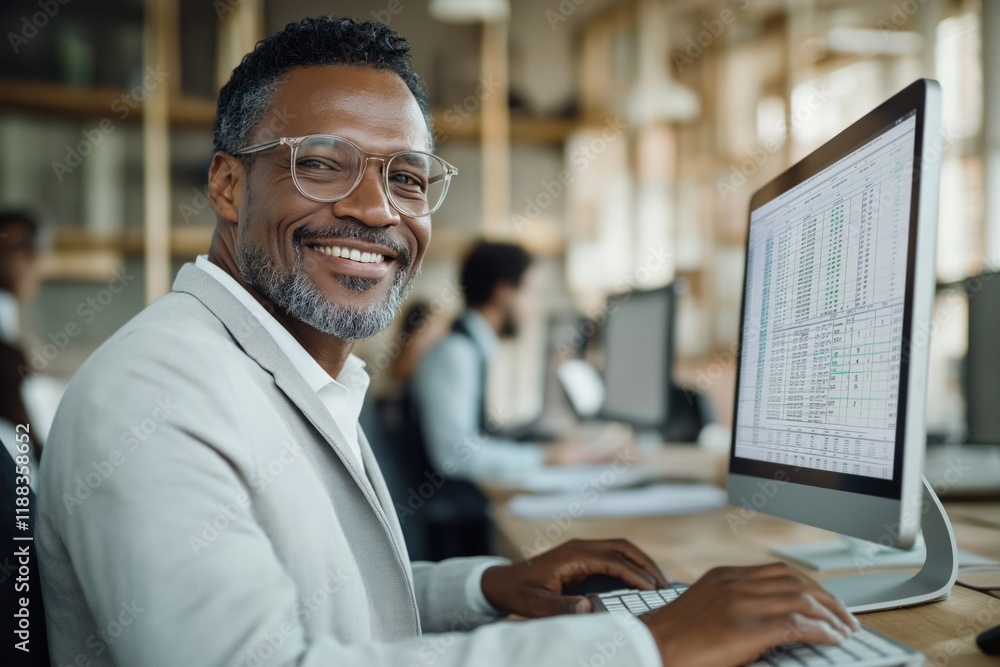 Poster smiling man working on computer in modern office. businessman using laptop in workspace. focused, co