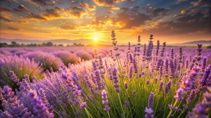 Naklejka premium Lavender field at sunset with golden sky