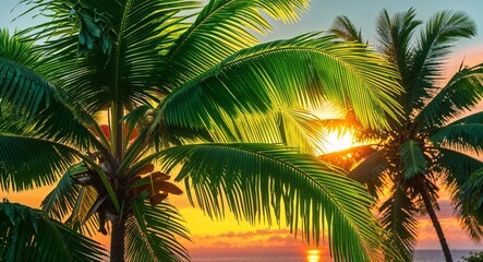 Obraz premium Neon green palm fronds with glowing sunset hues