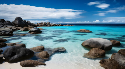 a beach with rocks and clear water