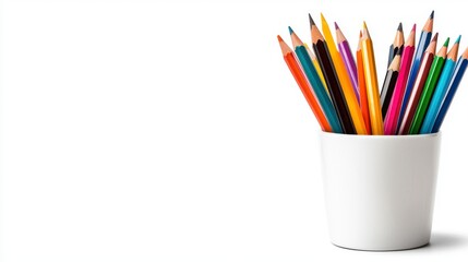 Colorful Pencils in a White Container on a Bright Background