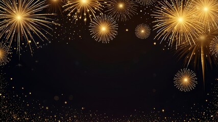 Firework border background, gold fireworks frame with stars and sparkles, firework banner