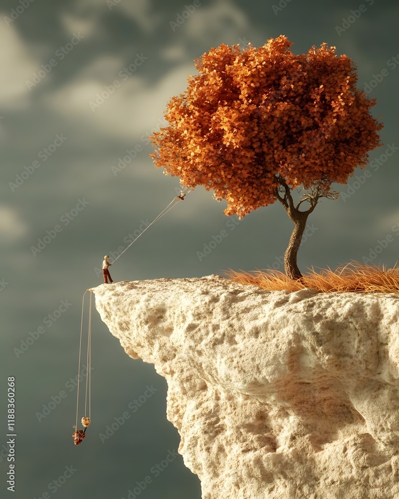 Poster a whimsical scene of a tree on a cliff, with figures pulling on ropes to interact with it.