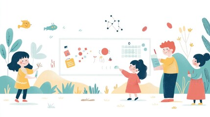 A playful illustration of children engaging with a colorful board, showcasing creativity and learning in a vibrant outdoor setting.