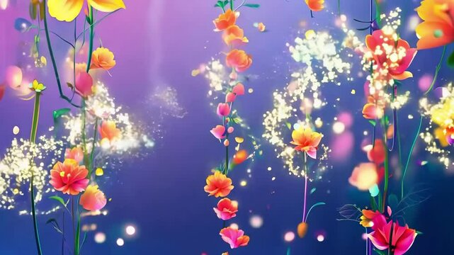 Fluorescent marigold flower curtain under moonlight on purple-blue background, digital art creating a magical, dreamlike atmosphere. Dia de los Muertos. Day of the Dead. AI