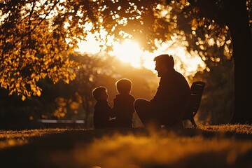 A heartfelt image of a father and son sharing laughter in a park, silhouetted by the warm, fading light of sunset.