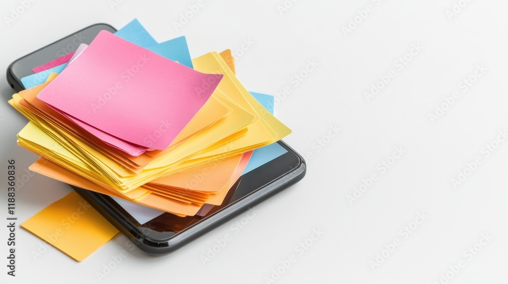 Poster a smartphone topped with colorful sticky notes, symbolizing reminders and organization amidst digita