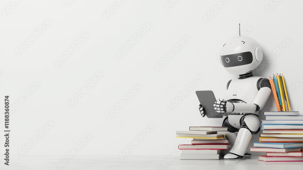Poster a small, friendly robot sits on a stack of books, engrossed in reading on a tablet, set against a mi