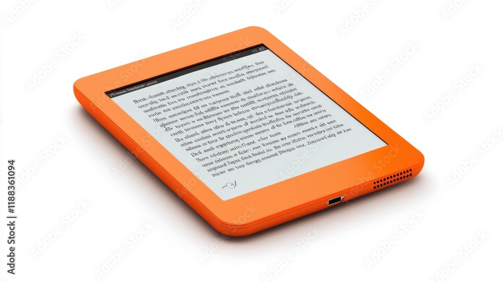 Poster a vibrant orange e-reader displaying text on its screen, showcasing modern technology for reading di