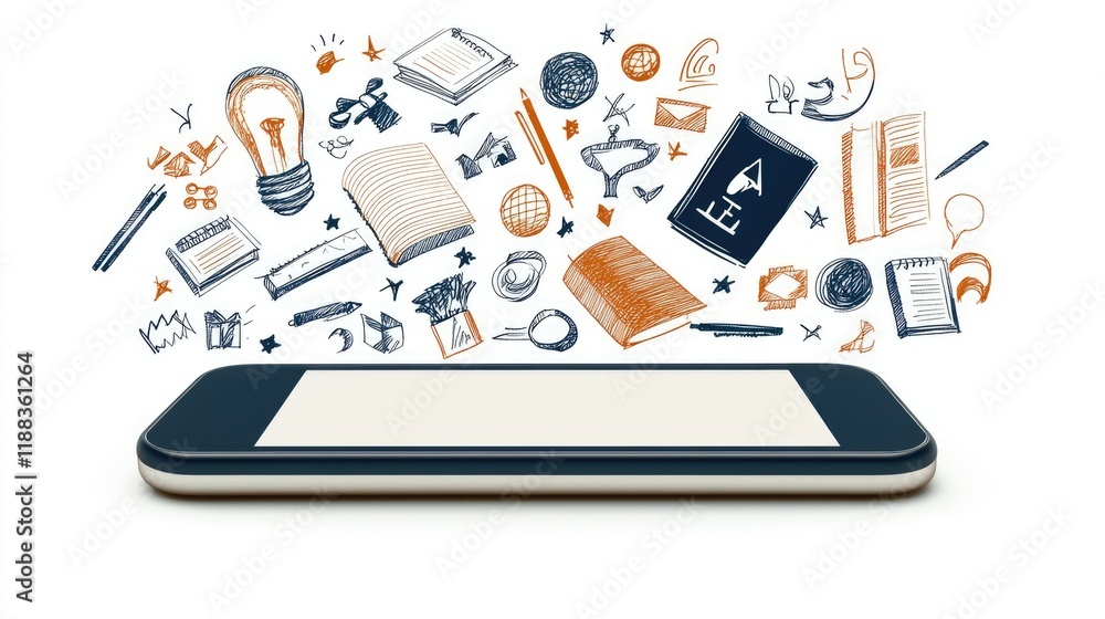 Poster a smartphone with various educational and creative icons floating above, symbolizing digital learnin