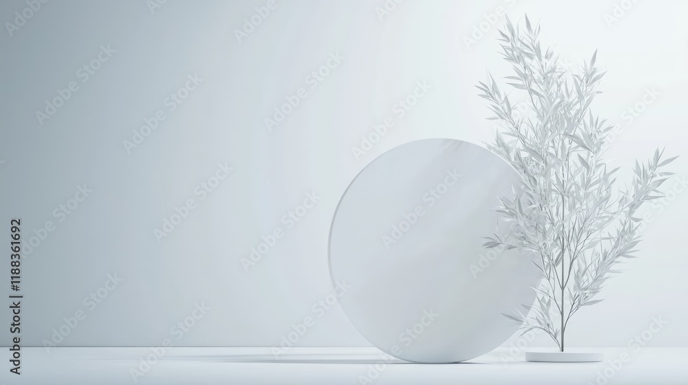 Poster a minimalist scene featuring a large white circular object and a delicate white plant against a ligh