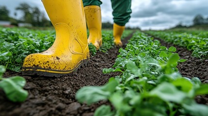 A close-up of yellow rubber boots in a green field, indicating farming or gardening activity.
