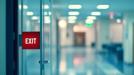 Open door with exit sign, symbolizing the freedom and opportunity to leave behind the past and embrace new beginnings, encouraging a sense of liberation and forward movement.