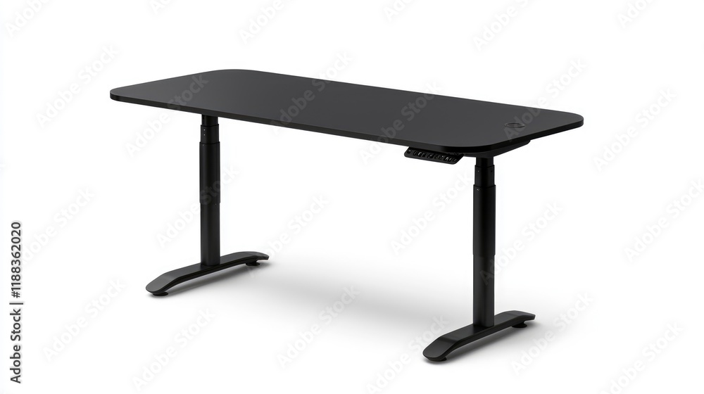 Poster a sleek black desk with an adjustable height mechanism, designed for optimal workspace versatility a