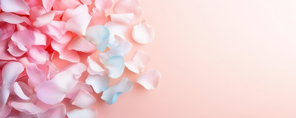 Obraz premium Suspended flower petals frozen mid-air, pastel colors and a soft gradient background evoking serenity and beauty.