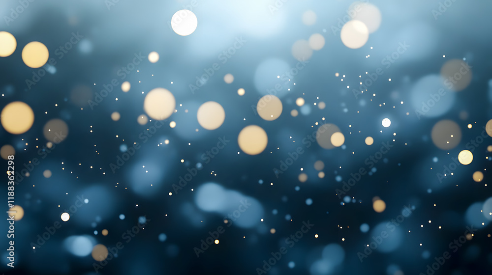 Poster soft glowing bokeh background with blue and gold lights sparkling in a dreamy atmosphere for use in 