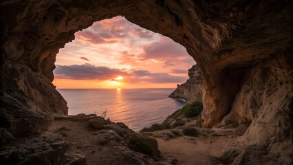 heart shaped cave opening with sunset glow overlook
