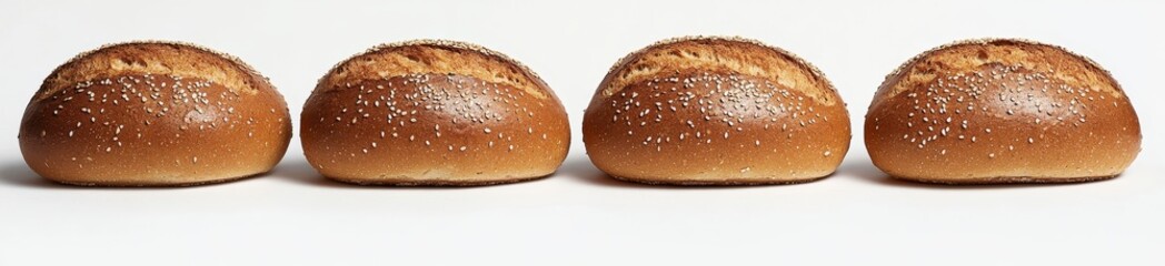 Four crusty bread rolls in a row on white background.