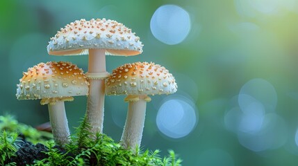 A close-up of three vibrant mushrooms growing on moss with a soft, blurred background.