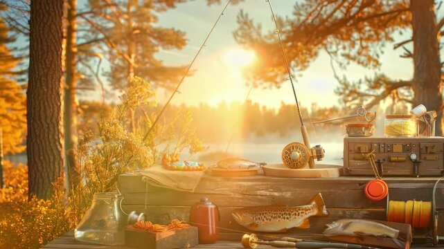 Fishing Day Celebration with Gear and Freshly Caught Fish on a Rustic Wooden Surface