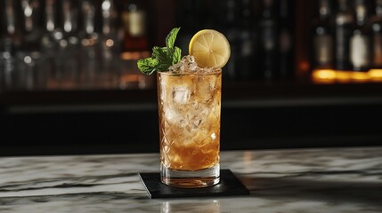 Indulge in the iconic Long Island Iced Tea, a potent concoction of vodka, rum, tequila, gin, and liquor, balanced with lemon juice. Served in a highball glass over ice