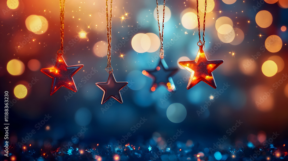 Aufkleber glowing decorative stars hanging from strings against a colorful bokeh background with sparkling lig