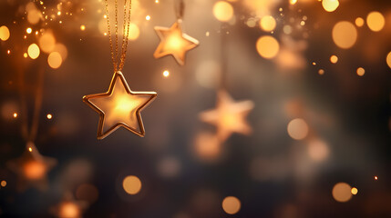 Golden Star Decorations with Glowing Bokeh Lights Creating a Festive and Magical Atmosphere for Celebrations and Events